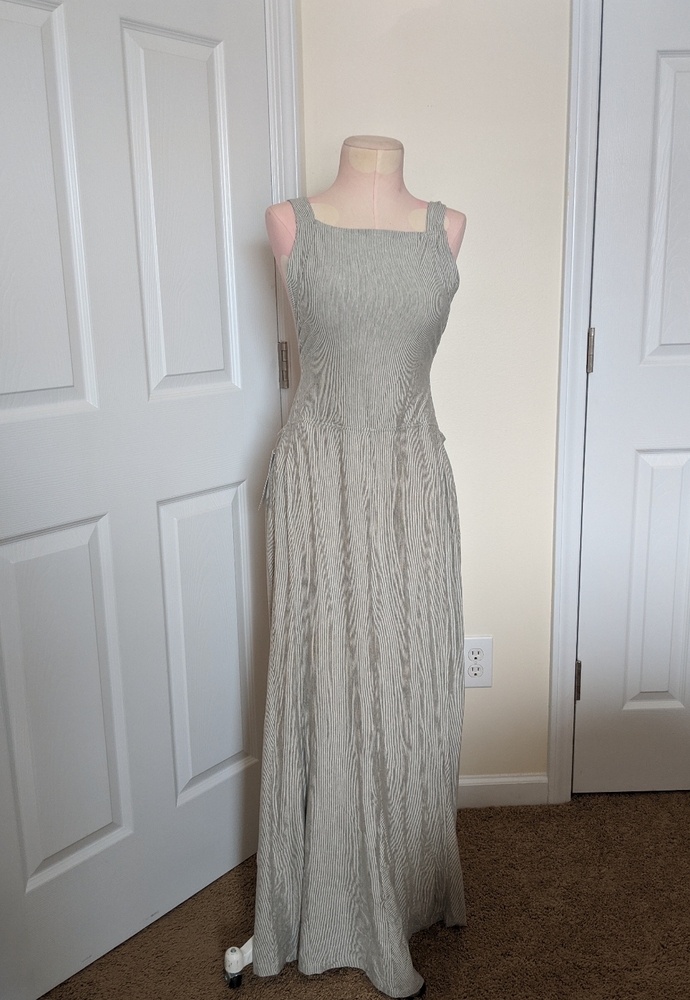 NWT Gray striped strapped apron front dress.
